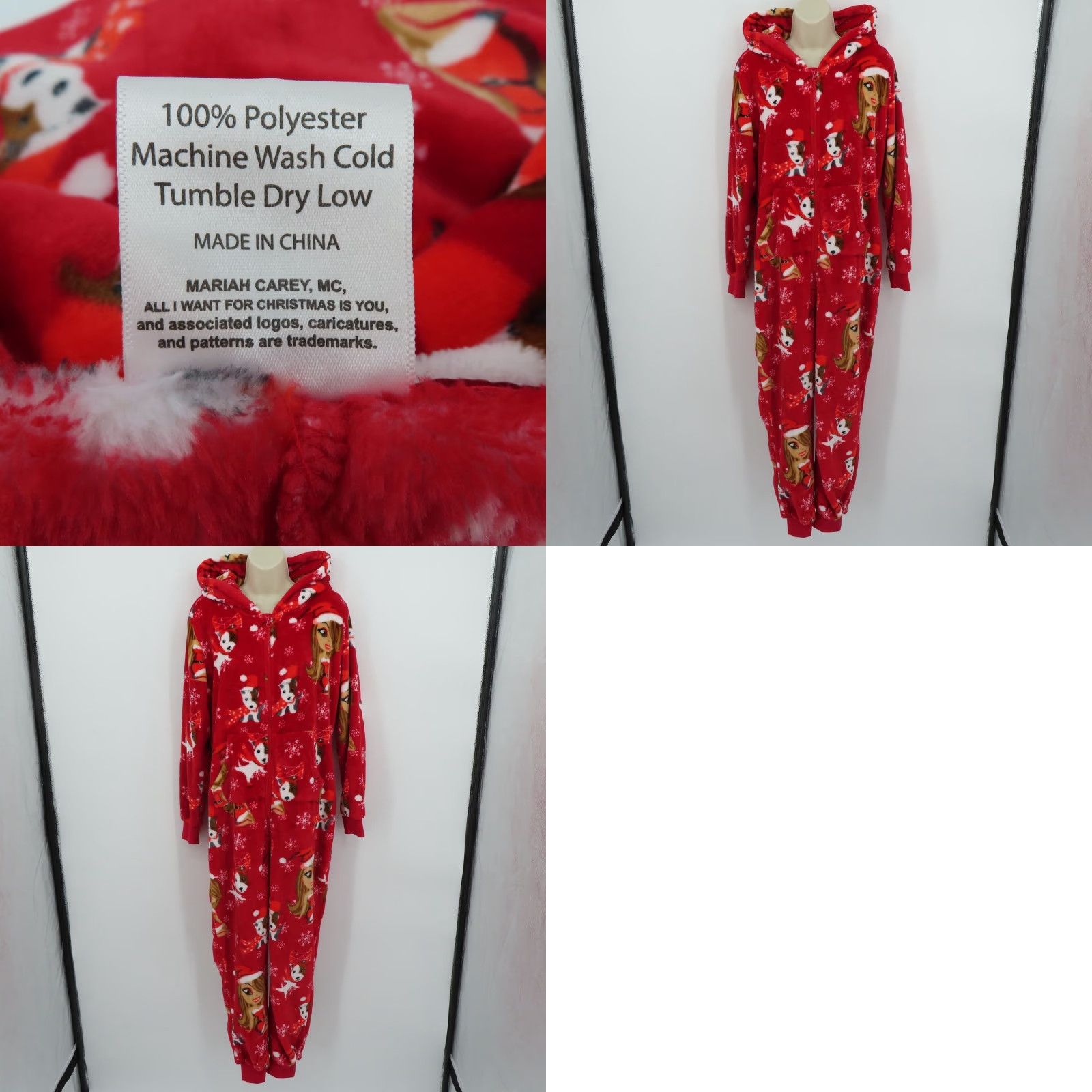 Vintage Mariah Carey Pajama Hooded One Piece Jumpsuit Christmas Holiday Adult Medium Red Polyester Fleece Zip Pocket Women Clothing Size 32" / US 10 / IT 46 - 8 Thumbnail