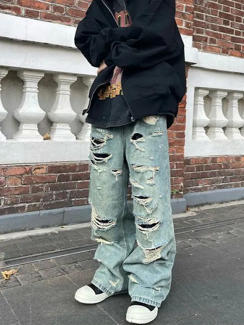 Jean ripped damaged skate hiphop flare baggy jeans Size US 30 / EU 46 - 7 Thumbnail