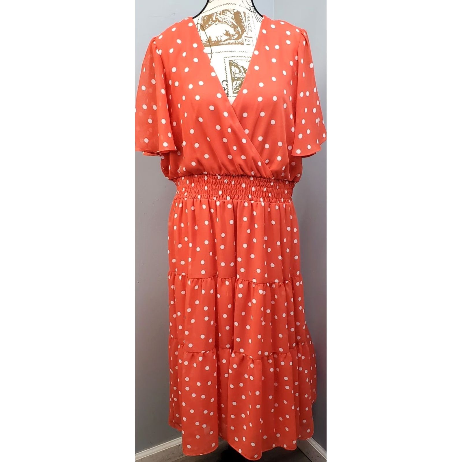 Vintage Danny & Nicole Womens Dress 16 Orange White Polka Dot Smocked Waist Midi Short Sleeve Flutter Sleeve V-Neck Dress Size XXL / US 16-18 / IT 52-54 - 2 Thumbnail