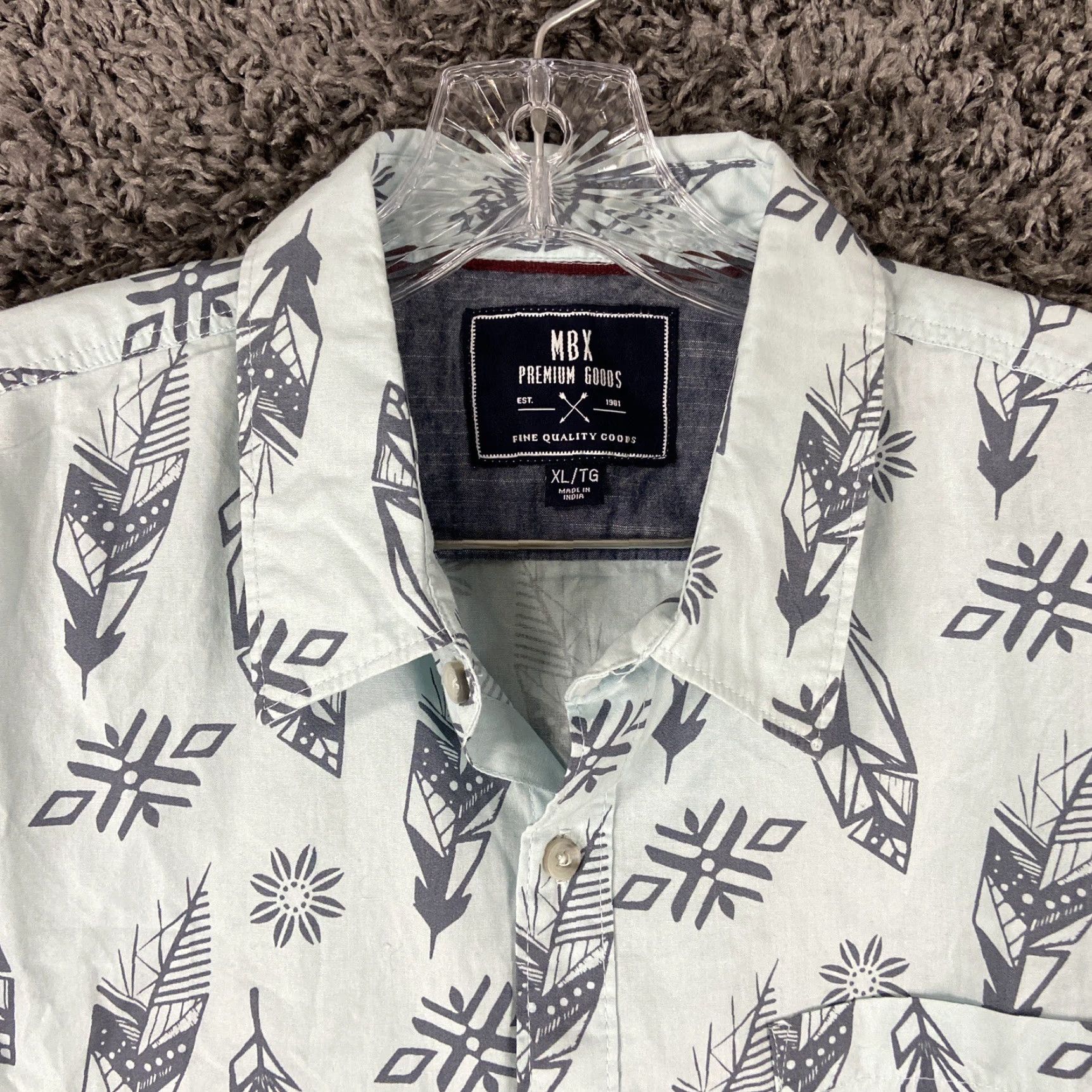 Vintage MBX Premium Goods Button-Up Shirt Men XL Blue Feathers Short Sleeve Size US 36 / EU 52 - 5 Thumbnail
