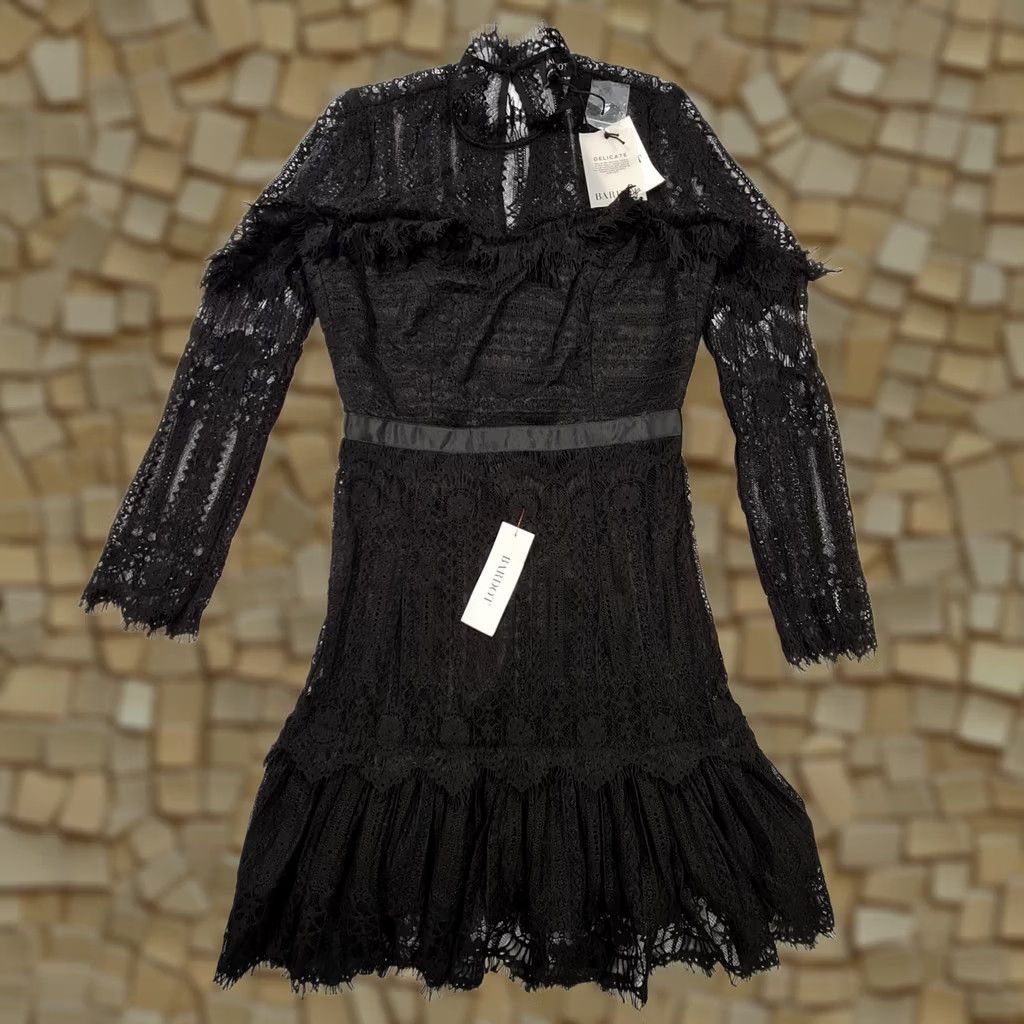 Vintage Bardot Dress Black 8 UK Long Sleeve Lace Mock Neck Short Length Party/Cocktail Womens Dress Short Lace Bardot Black 8 UK Size M / US 6-8 / IT 42-44 - 1 Thumbnail