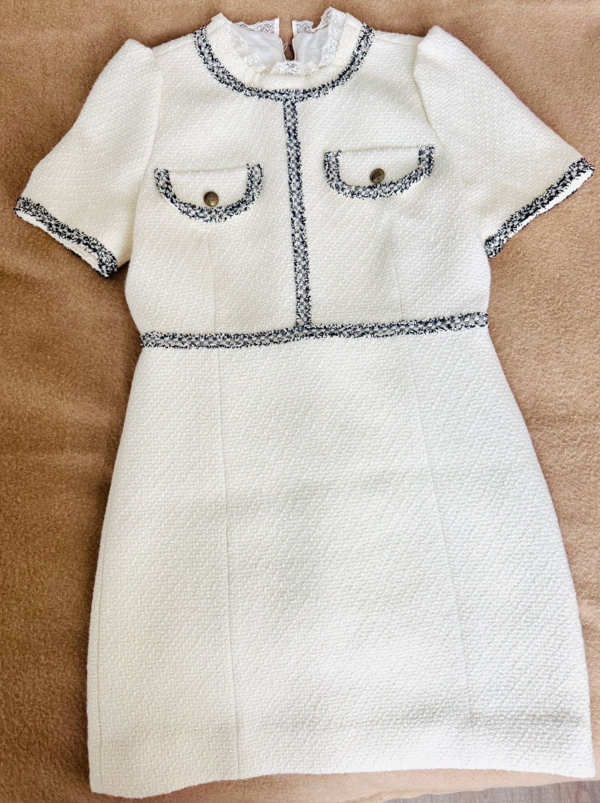 Sandro Sandro Paris Tweed Dress with Braid Trim – Cream/White Size M / US 6-8 / IT 42-44 - 3 Thumbnail