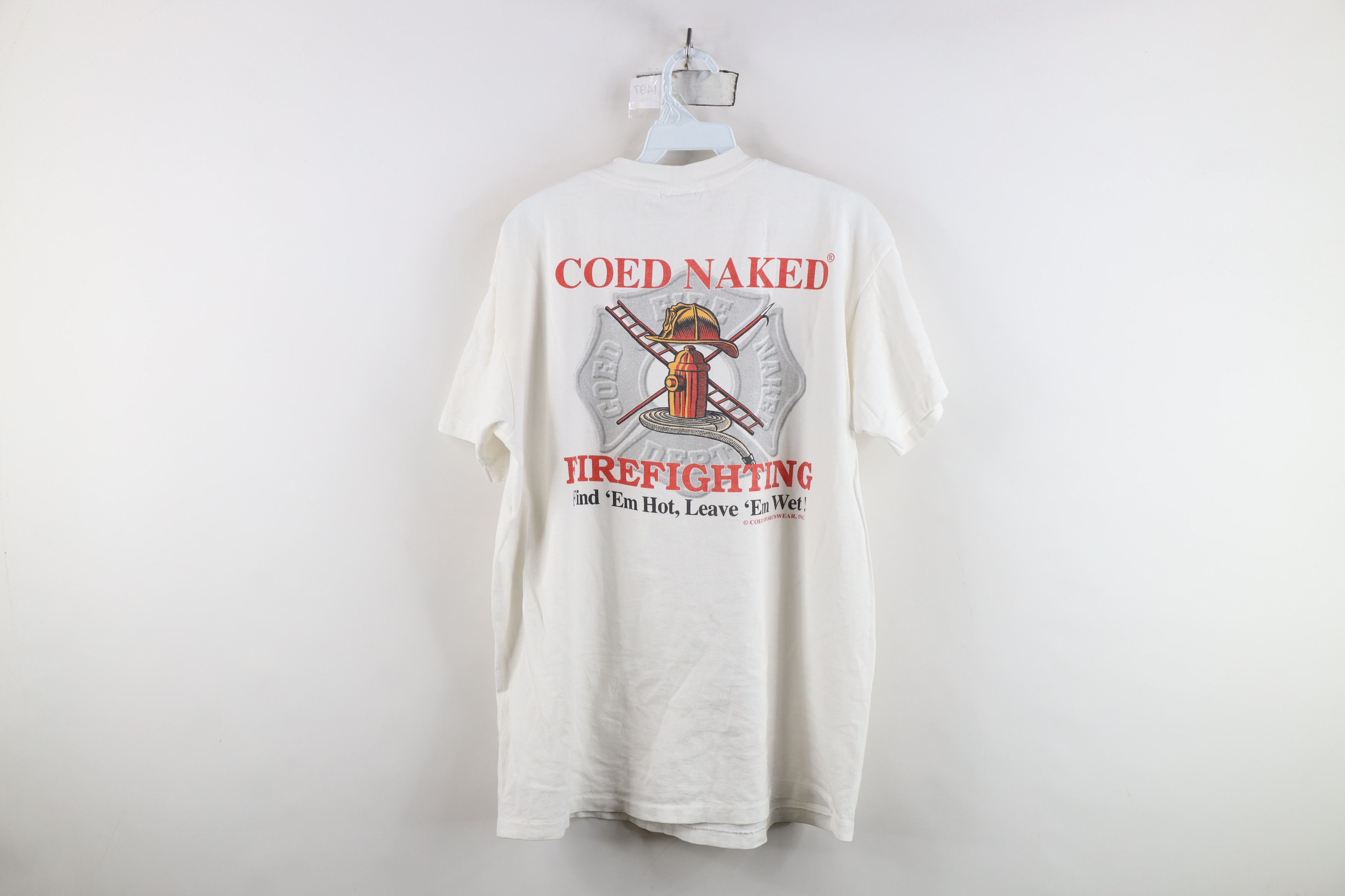 Vintage Vintage 90s Streetwear Naked Firefighting T-Shirt White USA Size US L / EU 52-54 / 3 - 11 Thumbnail