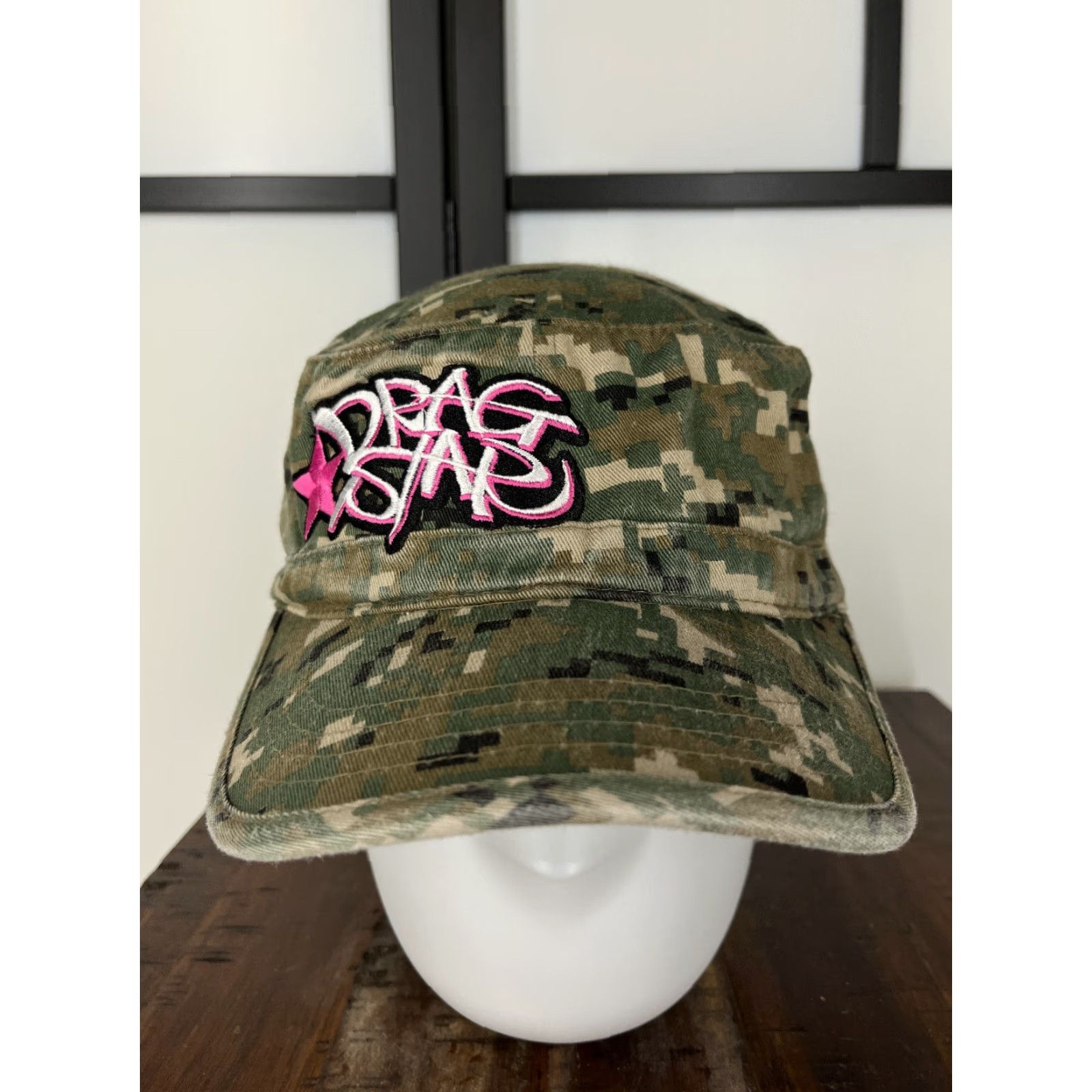 Vintage Drag Star Army Hat Cap Strap Back Adult One Size Green Embroidered Camo Cotton Size ONE SIZE - 2 Thumbnail
