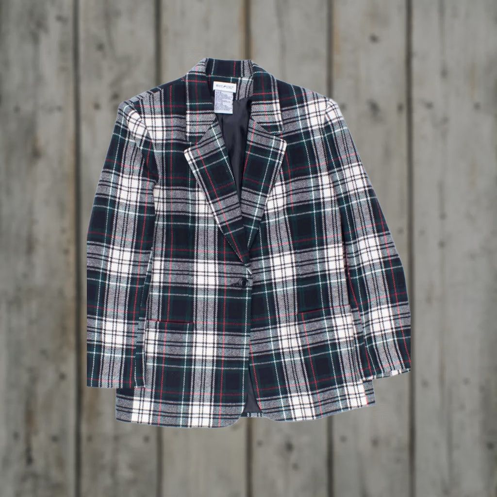 Vintage VINTAGE White Stag Green Plaid Blazer Jacket Large Wool/Polyester Checkered Wool Blazer Mens Size 42R - 1 Thumbnail