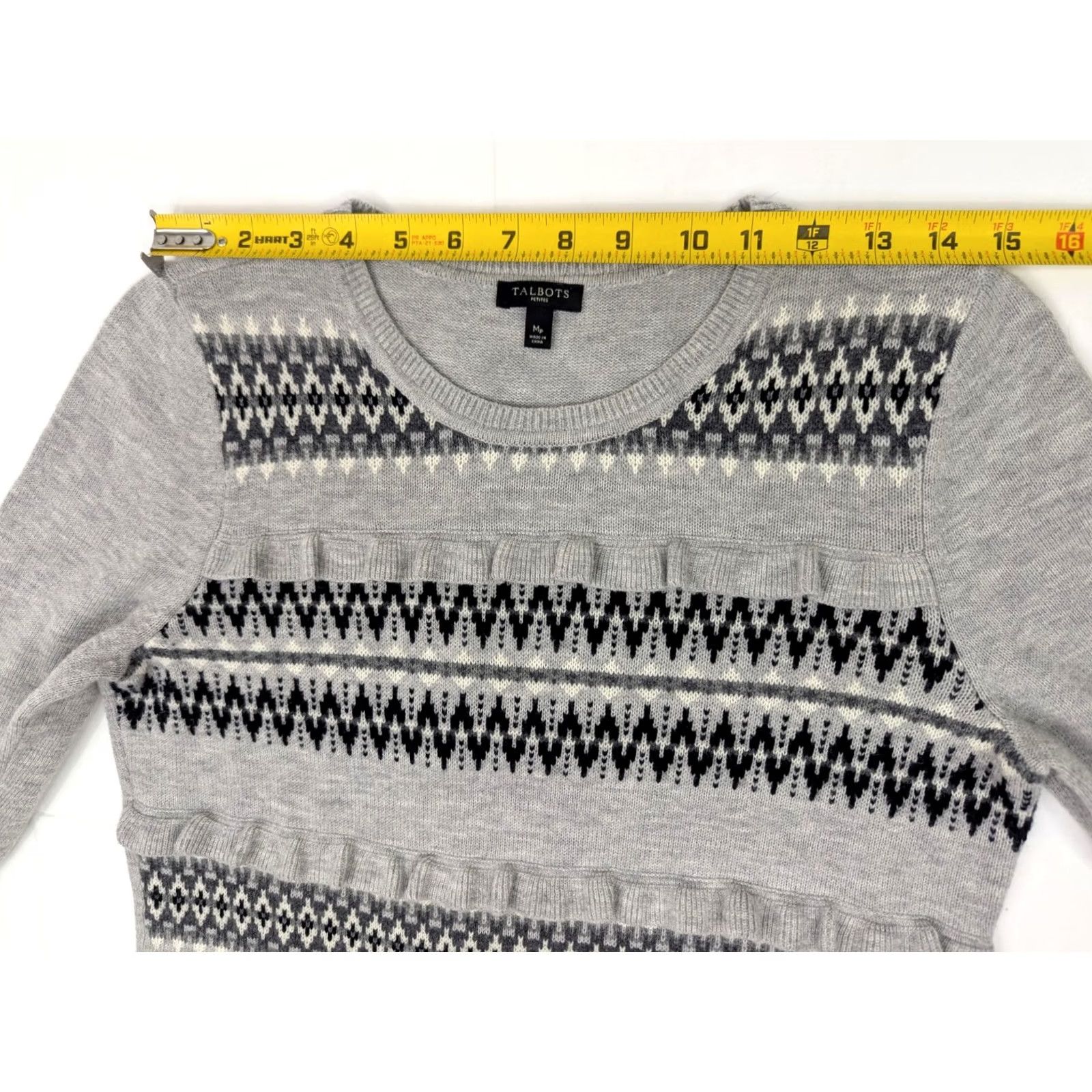 Talbots Talbots Nordic Print Ruffled Front Knit Sweater Women MP Gray Black Lambswool Blend Size M / US 6-8 / IT 42-44 - 7 Thumbnail