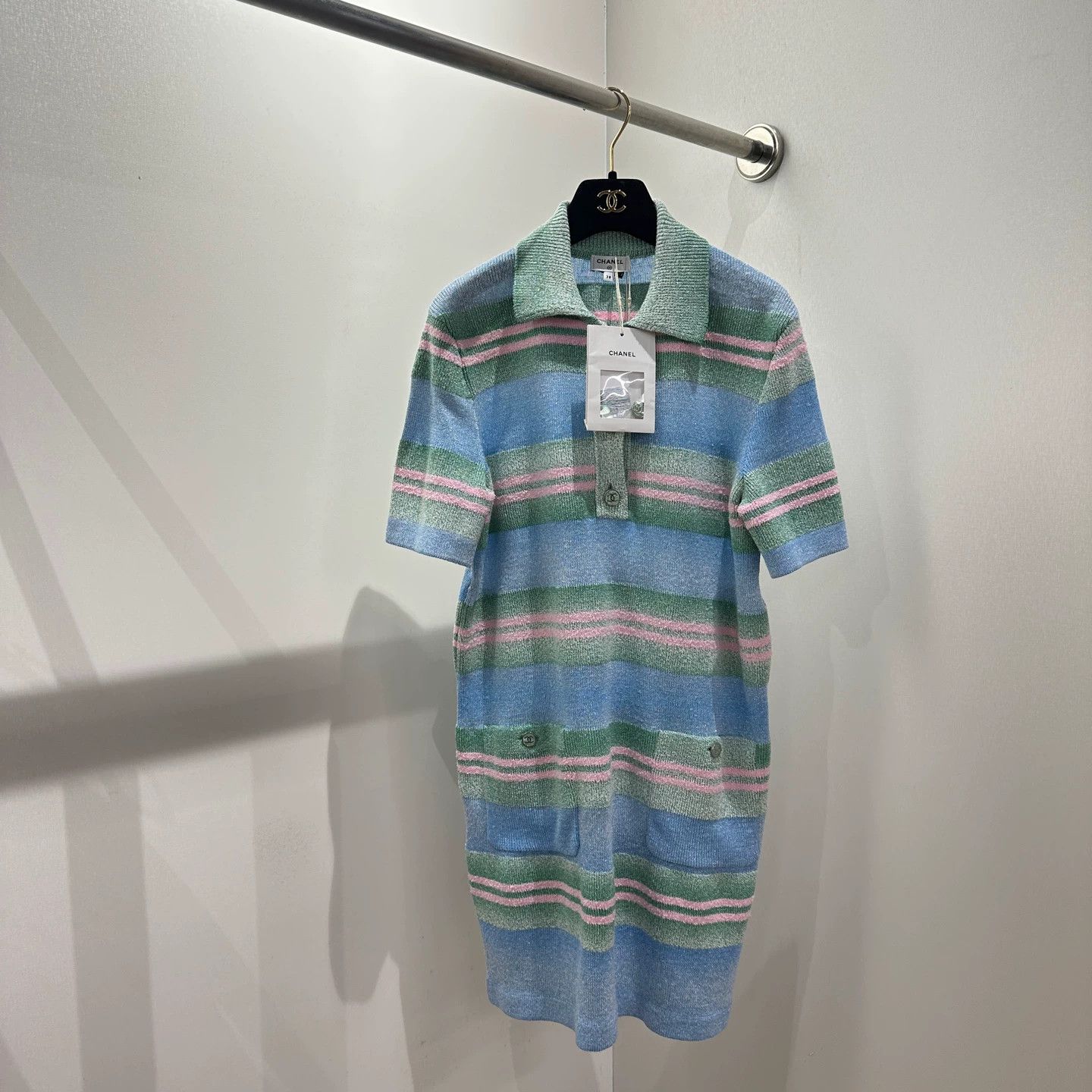 Chanel Chanel 23P may386 mint green striped shimmer knit dress 38 Size S / US 4 / IT 40 - 1 Thumbnail