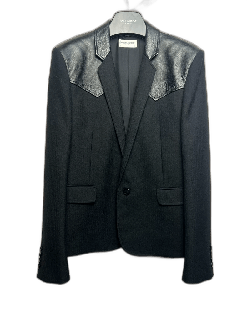 Saint Laurent Paris Saint Laurent Black Leather and Wool Blazer Size US L / EU 52-54 / 3 - 1 Thumbnail