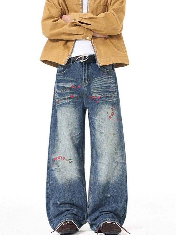Vintage Men's embroidered floral retro high-street loose jeans Size US 32 / EU 48 - 1 Thumbnail