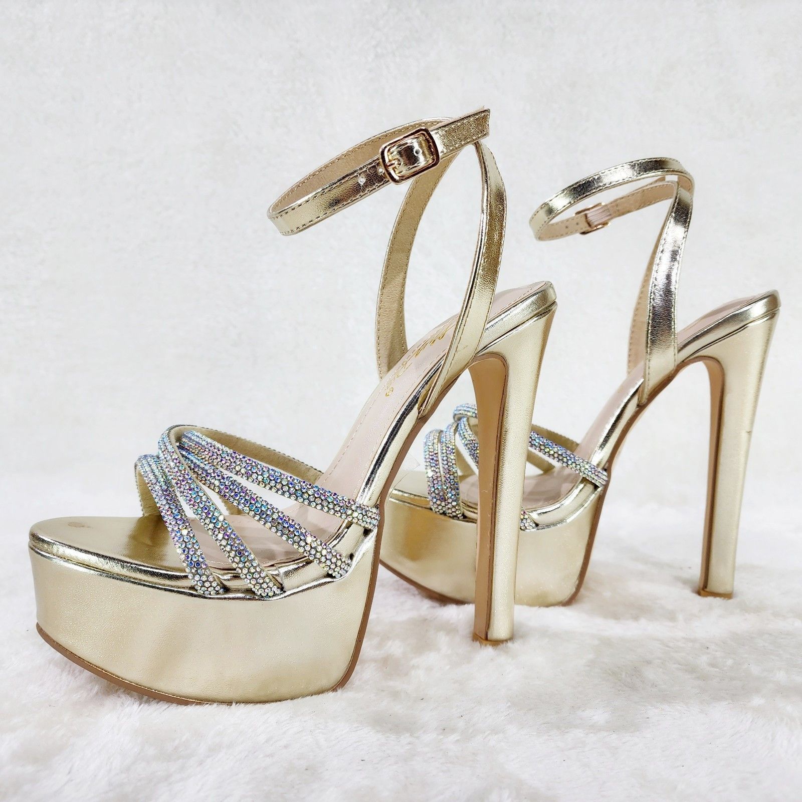 Other Gold Platform 6" High Heels Ankle Wrap Shoes Rhinestones Size US 6.5 / IT 36.5 - 9 Thumbnail