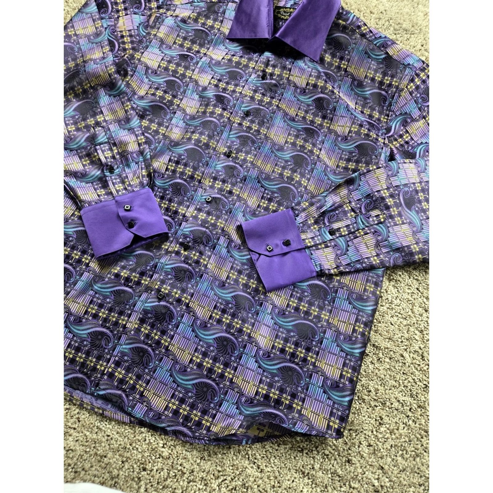 Vintage Daniel Ellissa Shirt Mens XL Purple Geometric Print Shiny Long Sleeve Button-Up Size US XL / EU 56 / 4 - 2 Thumbnail