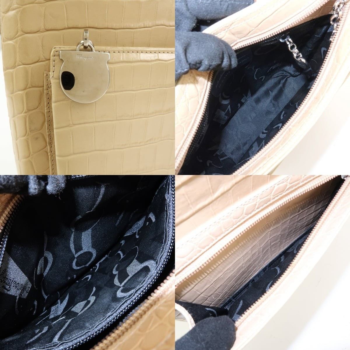 Salvatore Ferragamo Ferragamo Gancini Embossed Calfskin Shoulder Bag Beige Size ONE SIZE - 7 Thumbnail