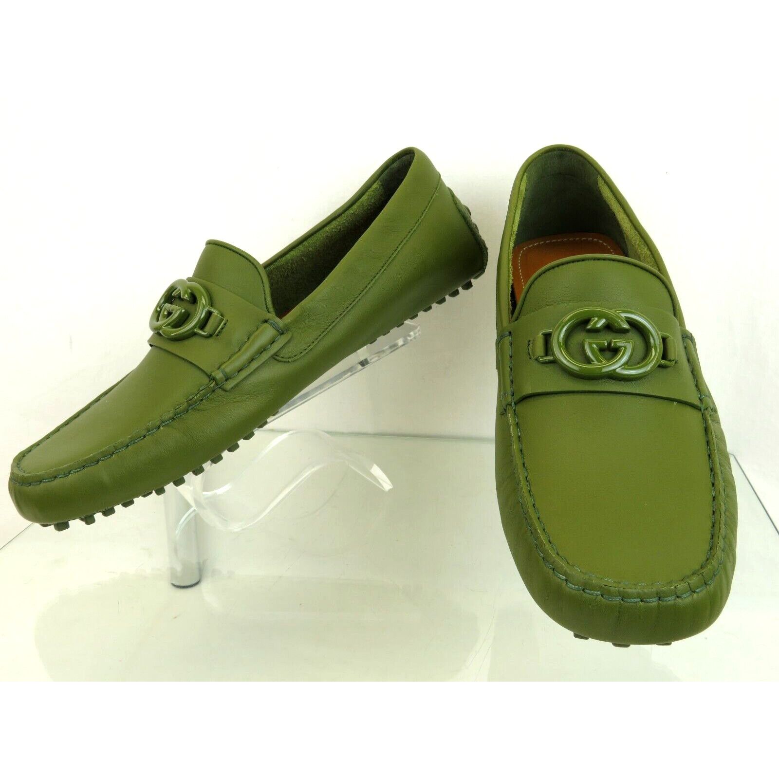 image of Gucci 692379 Green Leather GG Logo Moccasin Driving Loafers 10 11, Men's