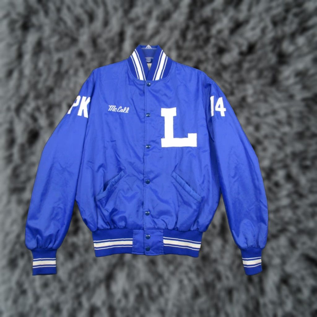 Vintage VINTAGE Trophy Jackets Varsity Bomber Jacket Blue Nylon McCall Jacket Mens L Blue Nylon Solid Pattern College Theme Basketball Size US L / EU 52-54 / 3 - 1 Thumbnail