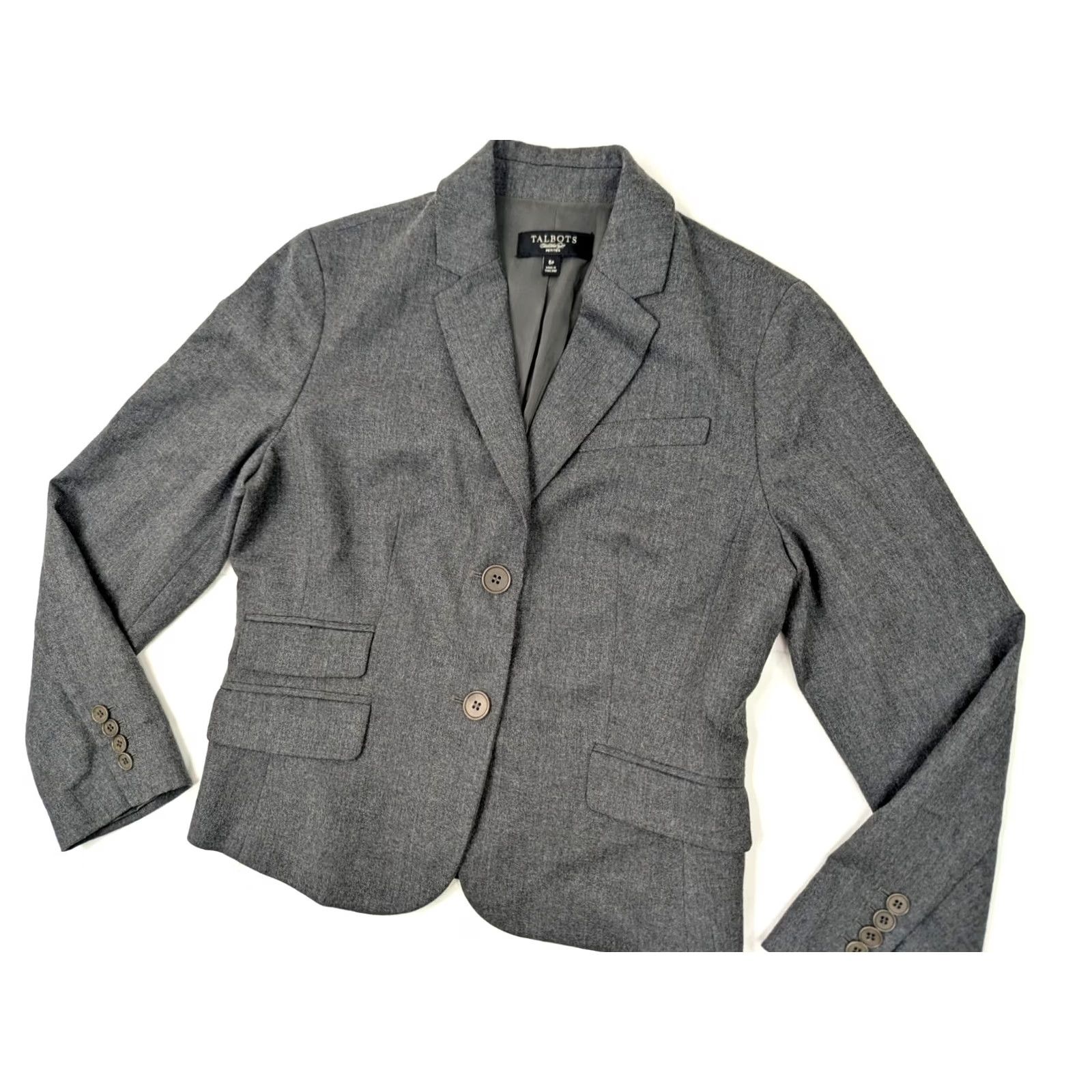 Talbots VINTAGE Talbots Petites Wool Lined 2-Button Blazer Women 6P Gray Heathered Institutional? Size M / US 6-8 / IT 42-44 - 2 Thumbnail