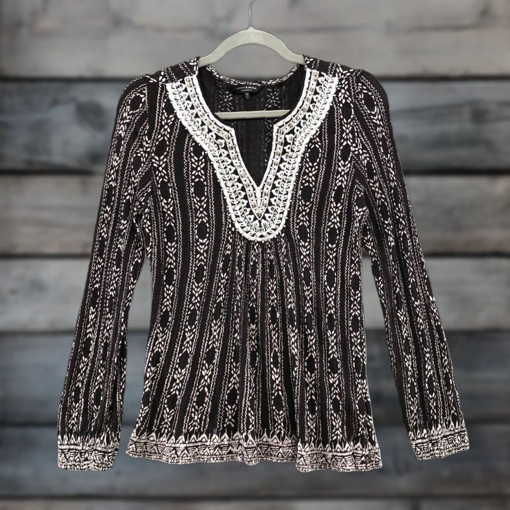 Lucky Brand Lucky Brand Blouse Womens XS Black Embroidered Linen Blend Long Sleeve Boho Top Womens Size XS / US 0-2 / IT 36-38 - 1 Thumbnail