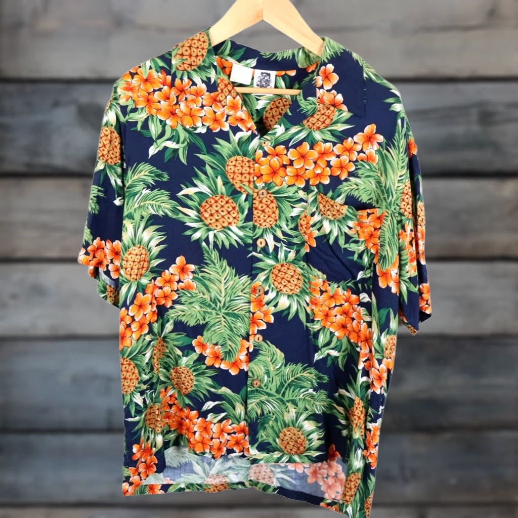 Vintage Kennington Loop Collar Shirt Men's XL Blue Pineapple Floral Rayon VTG 80s Size US XL / EU 56 / 4 - 1 Thumbnail