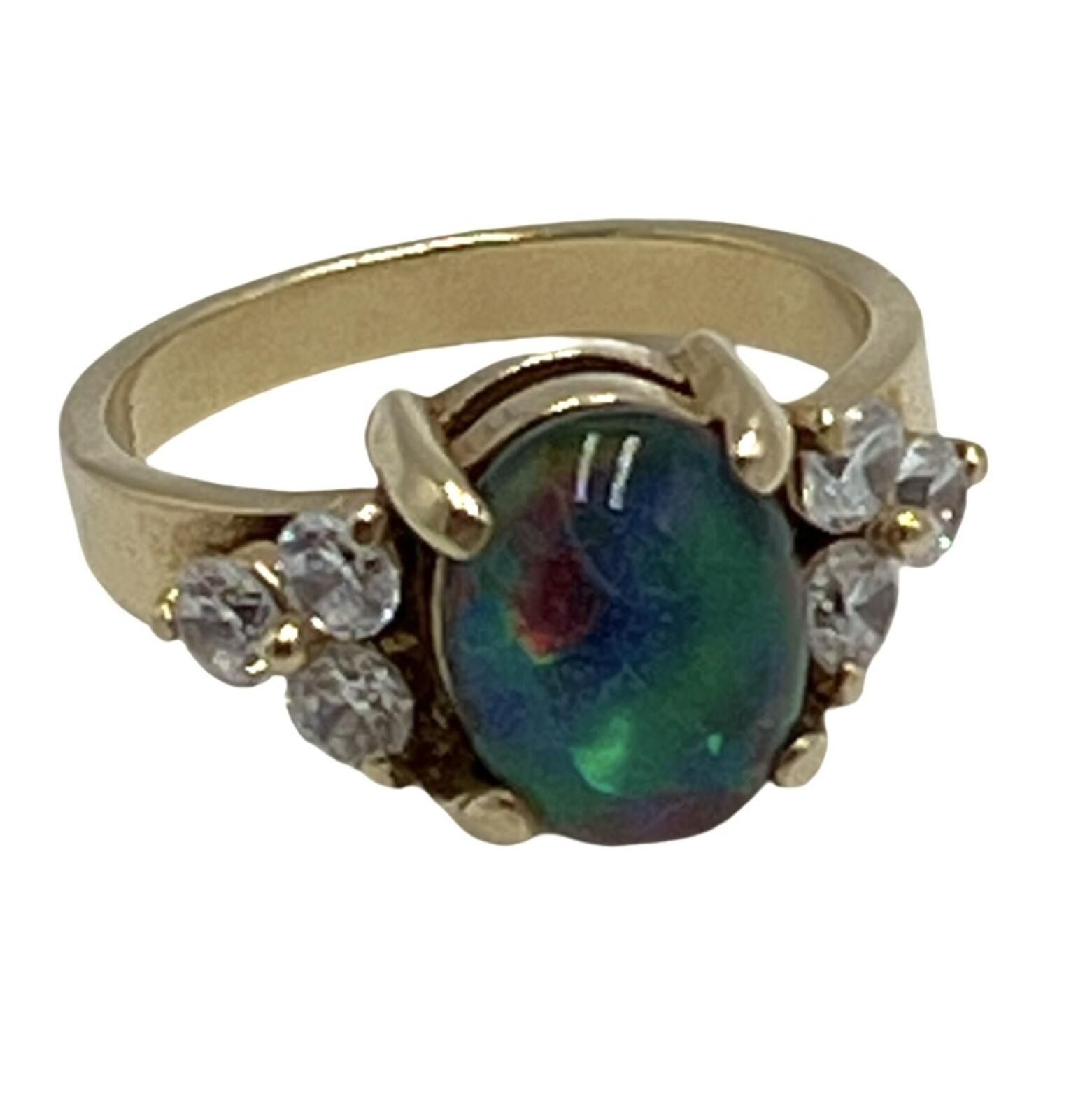 Other Black Opal Cabuchon & Cubic Zirconia 14K Gold Ring Size 6.75 Size ONE SIZE - 1 Thumbnail