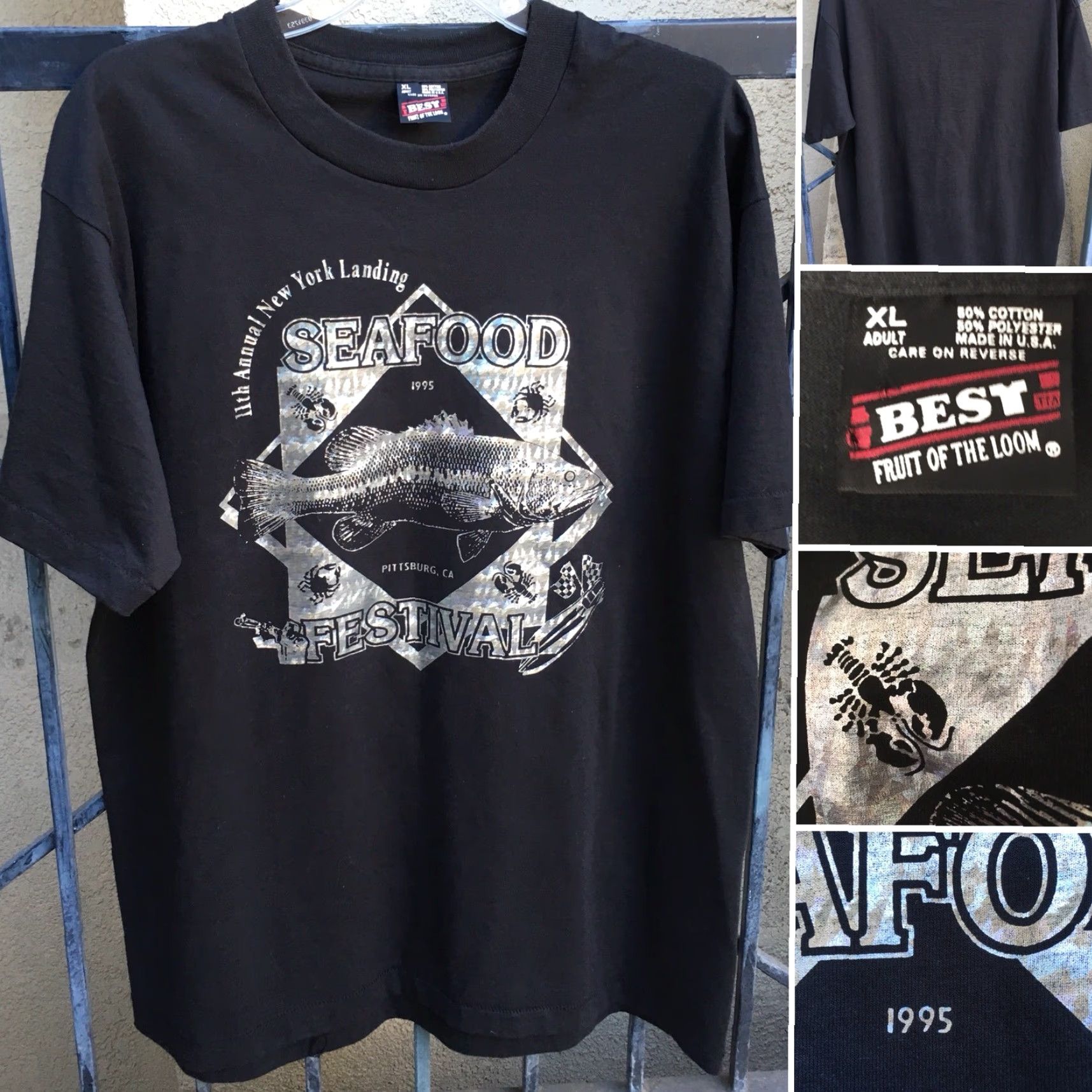 Fruit Of The Loom Vintage 1995 Seafood Festival Pittsburg CA T-Shirt 90s XL Silver Graphics Unisex Size US XL / EU 56 / 4 - 6 Thumbnail