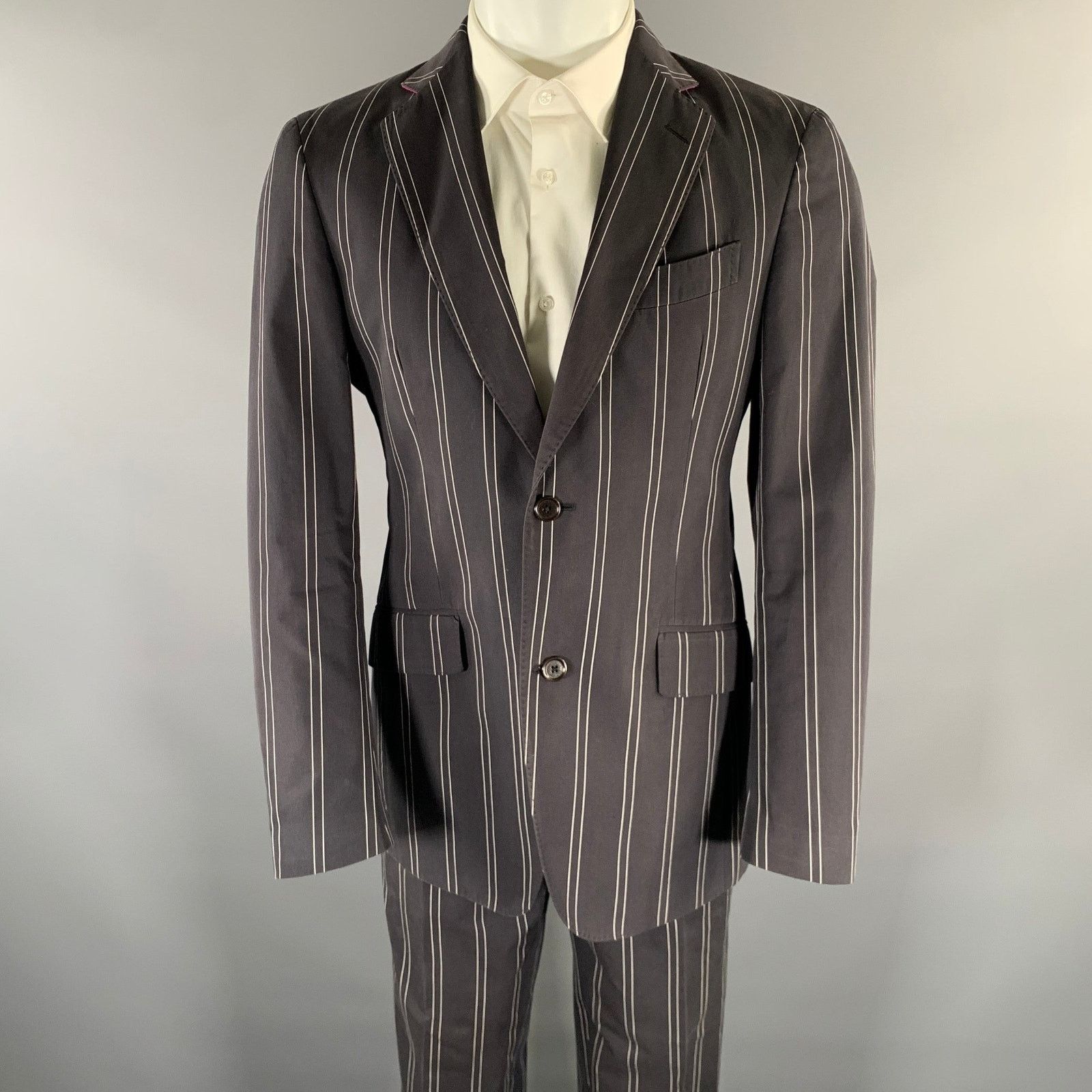 Etro ETRO Size 38 Black White Pinstripe Cotton Notch Lapel Suit Size 38R - 1 Thumbnail