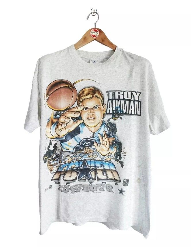 image of Salem Vintage Troy Aikman "power Of The Cowboys" 90's T-Shirts in Grey, Men's (Size Medium)