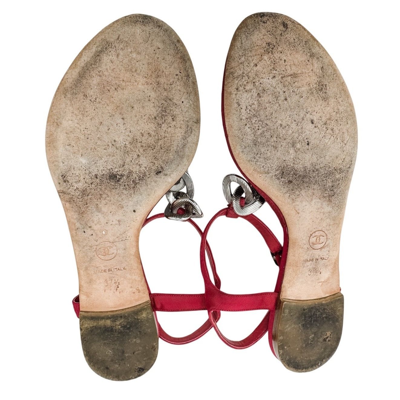 Chanel Chanel Red Silver Chain T Strap CC Logo Flat Sandals sz 37.5 Size US 7.5 / IT 37.5 - 7 Thumbnail