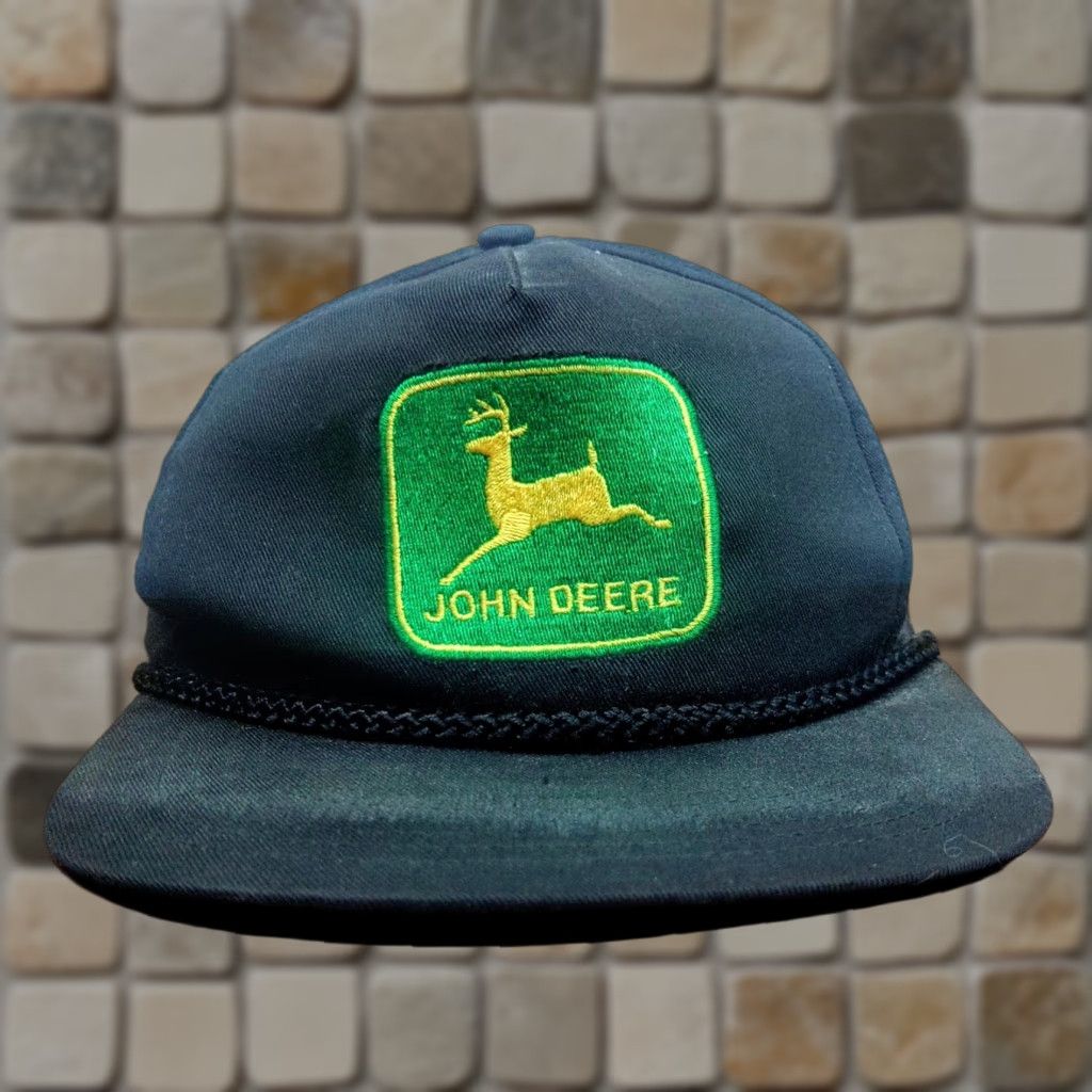 John Deere VINTAGE John Deere Patch Cord Snapback Hat Cap Trucker Hat Men Adjustable Black Canvas 80s 90s Farm Agriculture USA Aircraft? Size ONE SIZE - 1 Thumbnail