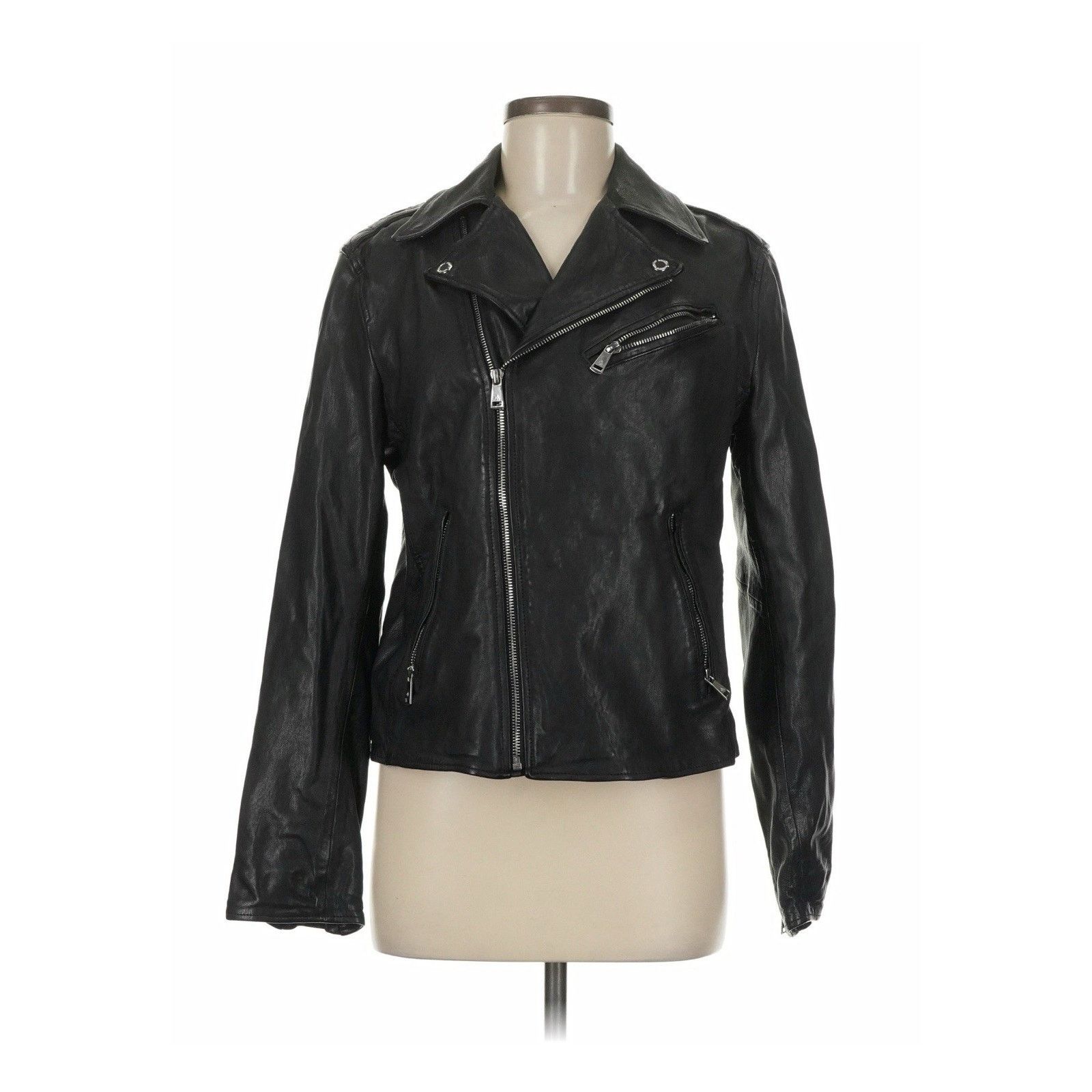 Lauren Ralph Lauren Leather Moto Jacket Black Silver 6