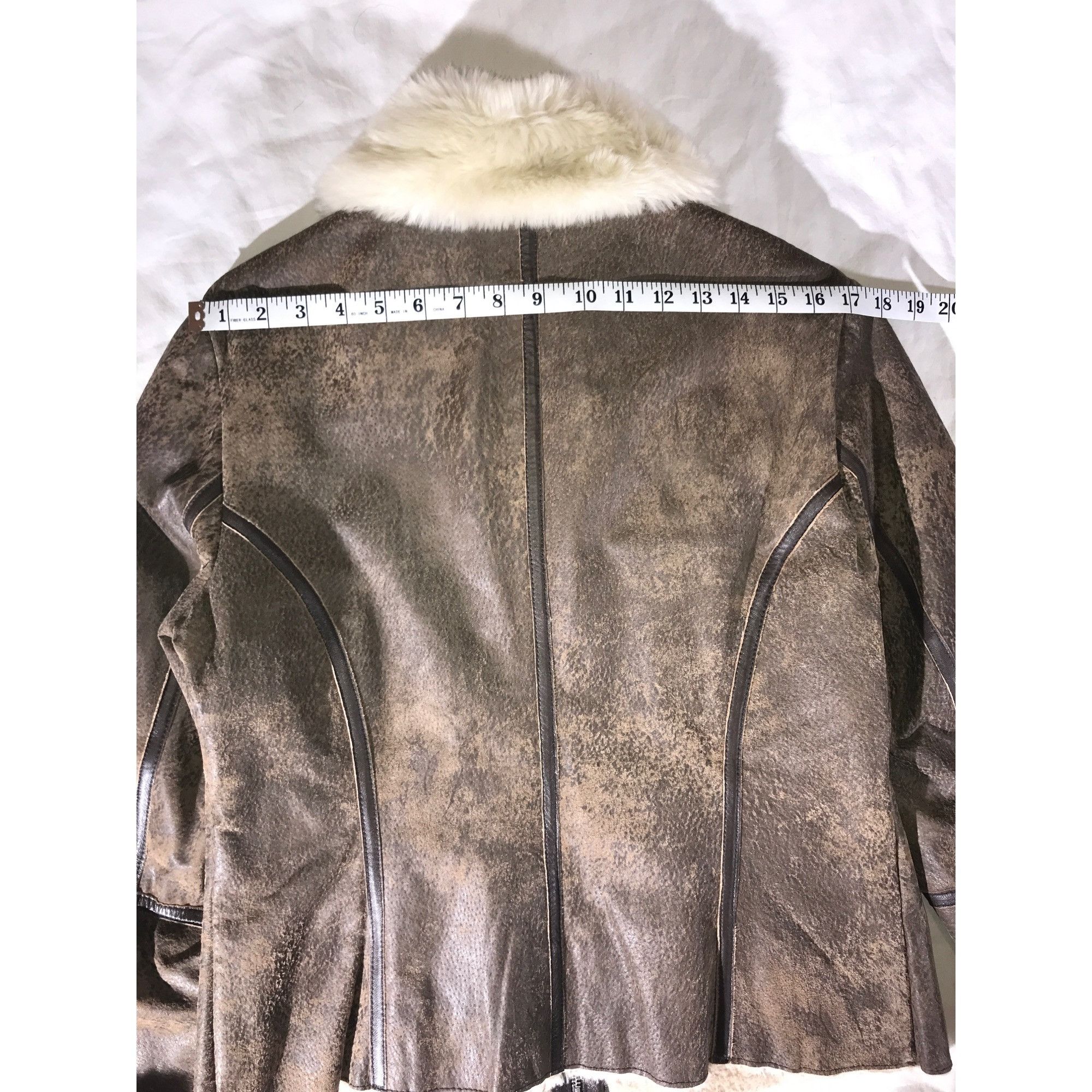 Designer Express Brown Distressed Leather Faux Fur Bomber Jacket Size XL / US 12-14 / IT 48-50 - 8 Thumbnail