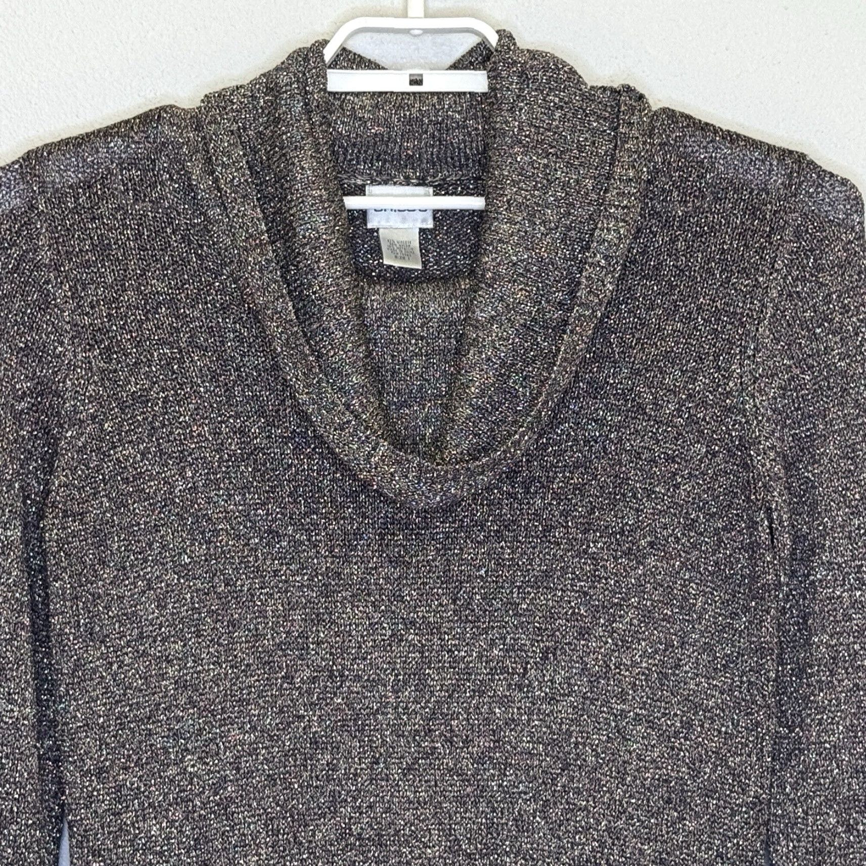 Vintage Chico's Cowl Neck Sweater Womens Sz 1 Brown Gold Metallic Long Sleeve Side Slits Knit Pullover Cardigan Style Designer Womens Size XS / US 0-2 / IT 36-38 - 2 Thumbnail