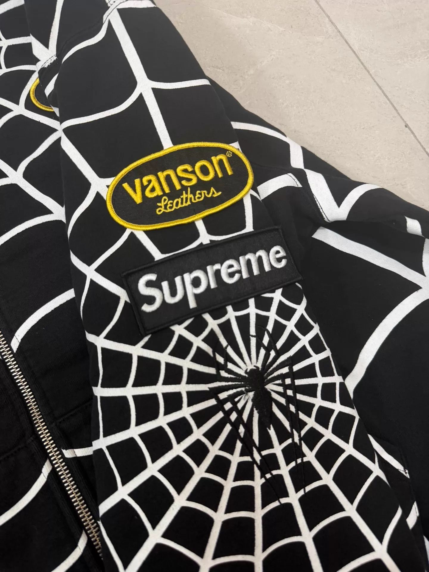 Supreme x vanson Leathers x SpiderMan Web Zip Hoodie Black