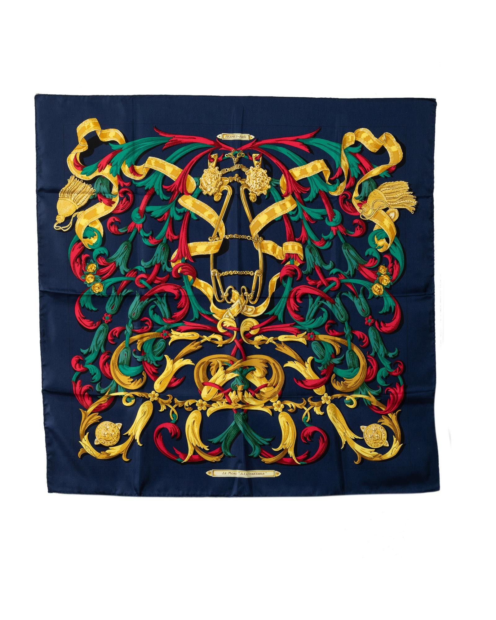 image of Hermes Silk Print Scarf With Equestrian Motif in Blue, Women's