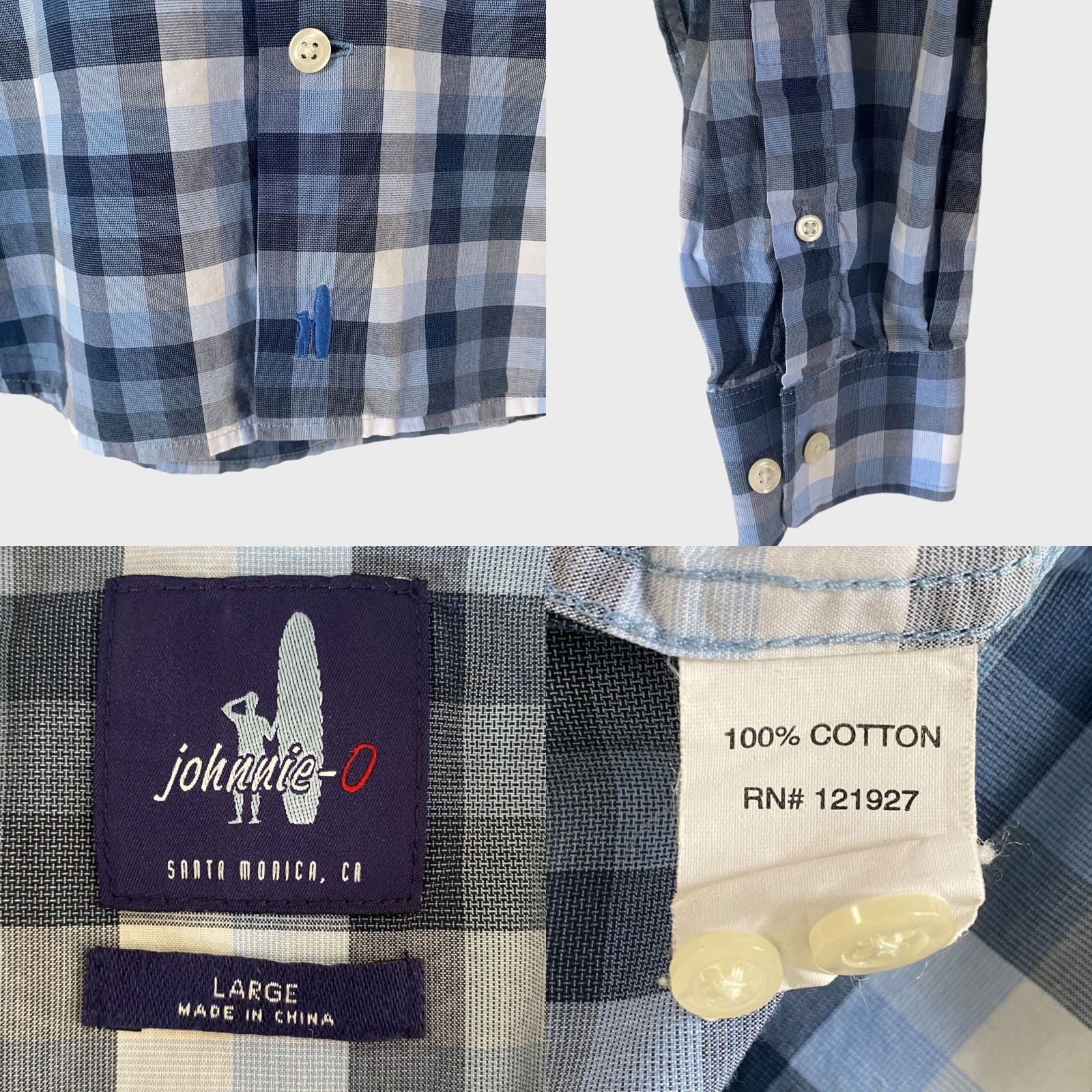 johnnie-O Johnnie-O Hangin' Out Button-Down Shirt Mens Large Blue Check Cotton Long Sleeve Size US L / EU 52-54 / 3 - 8 Thumbnail