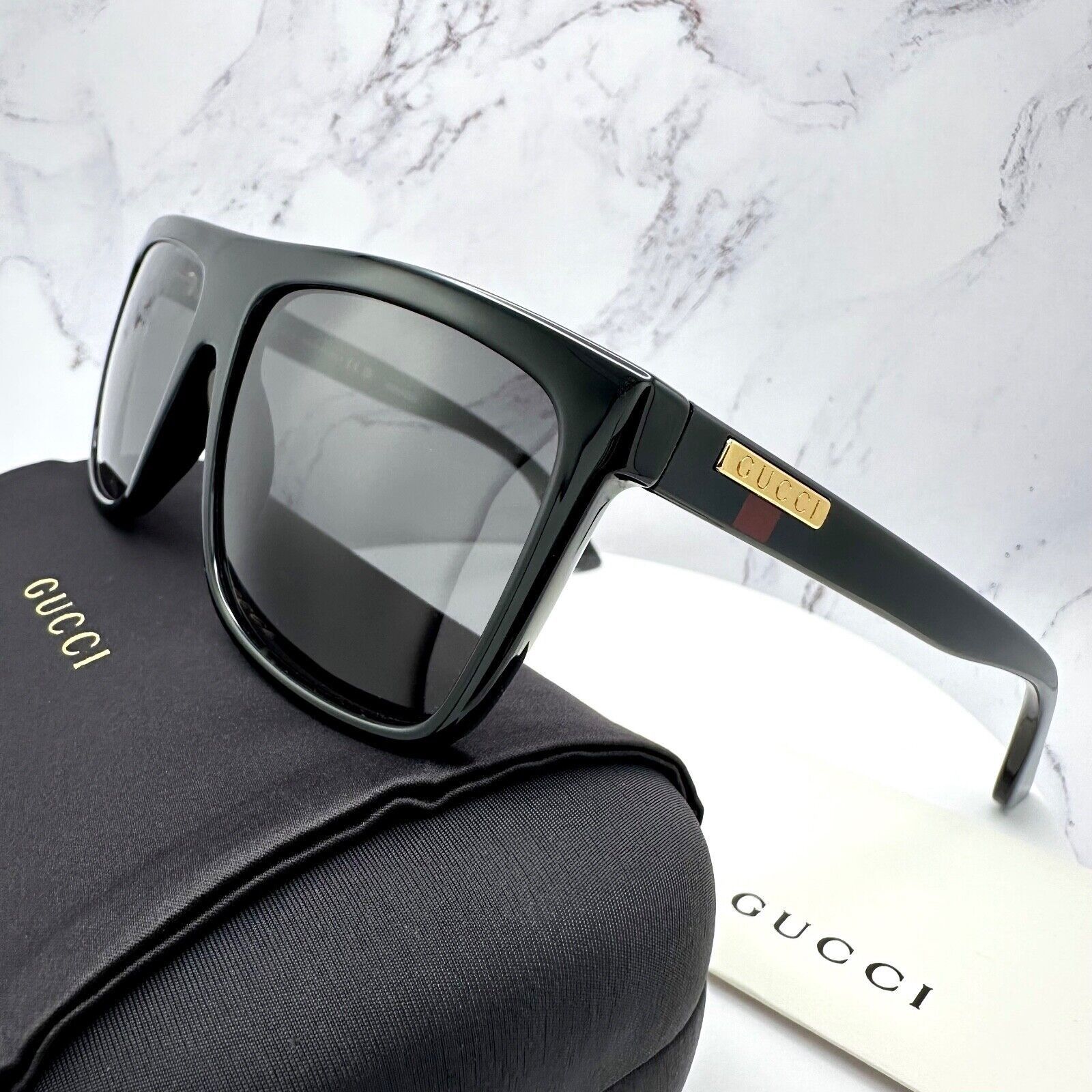 New GUCCI Sunglasses Black Square Aviator Gold Plate