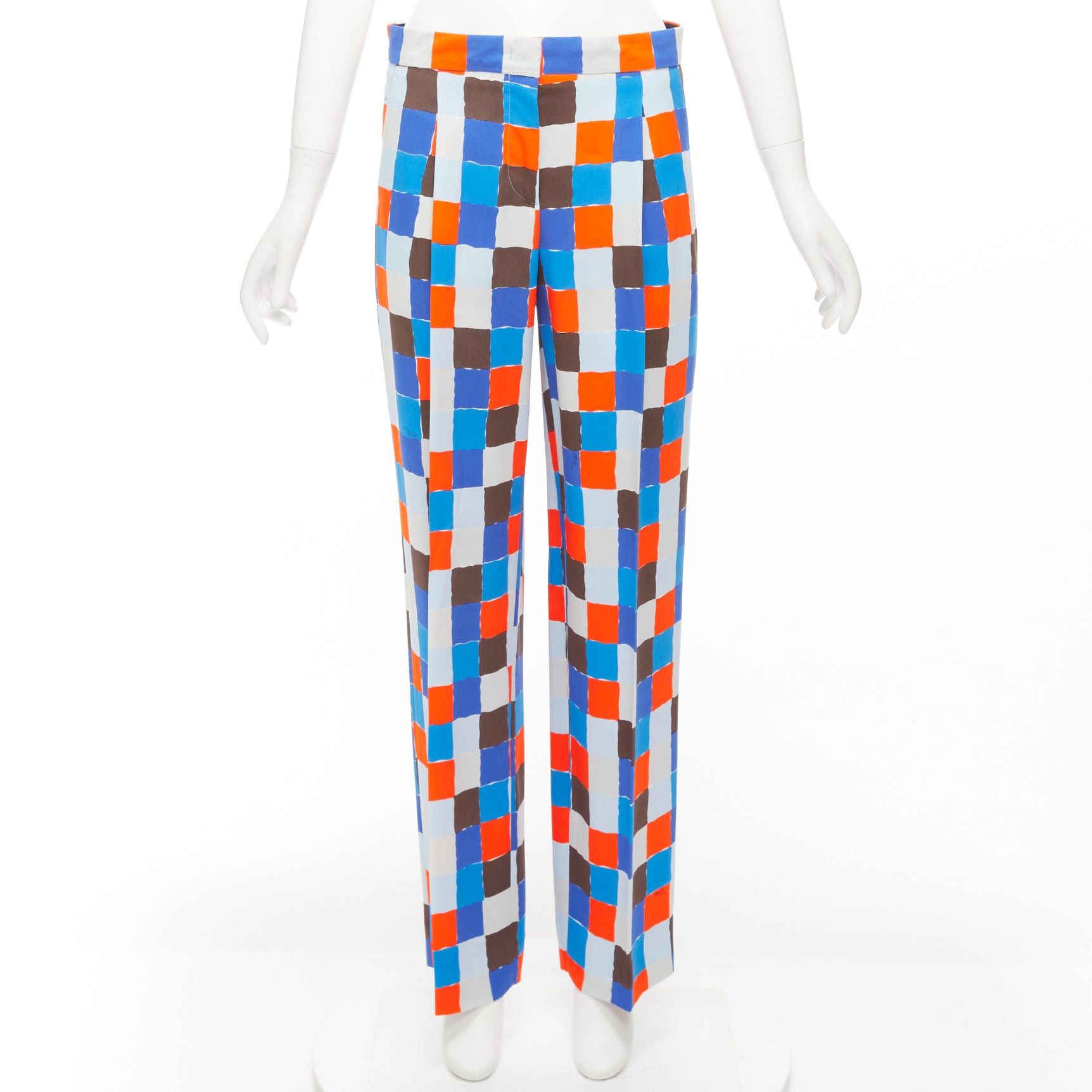 image of Emilio Pucci Runway Orange Blue Watercolour Check Mid Waist Pants It38 Xs, Women's (Size 26)