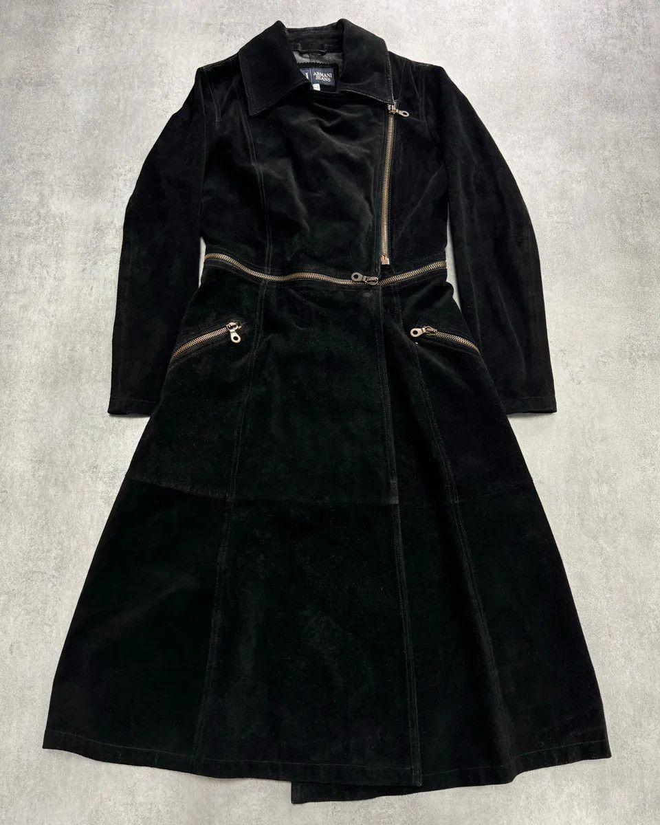 2010s Armani Multi-Zip Black Suede Leather Trench Coat
