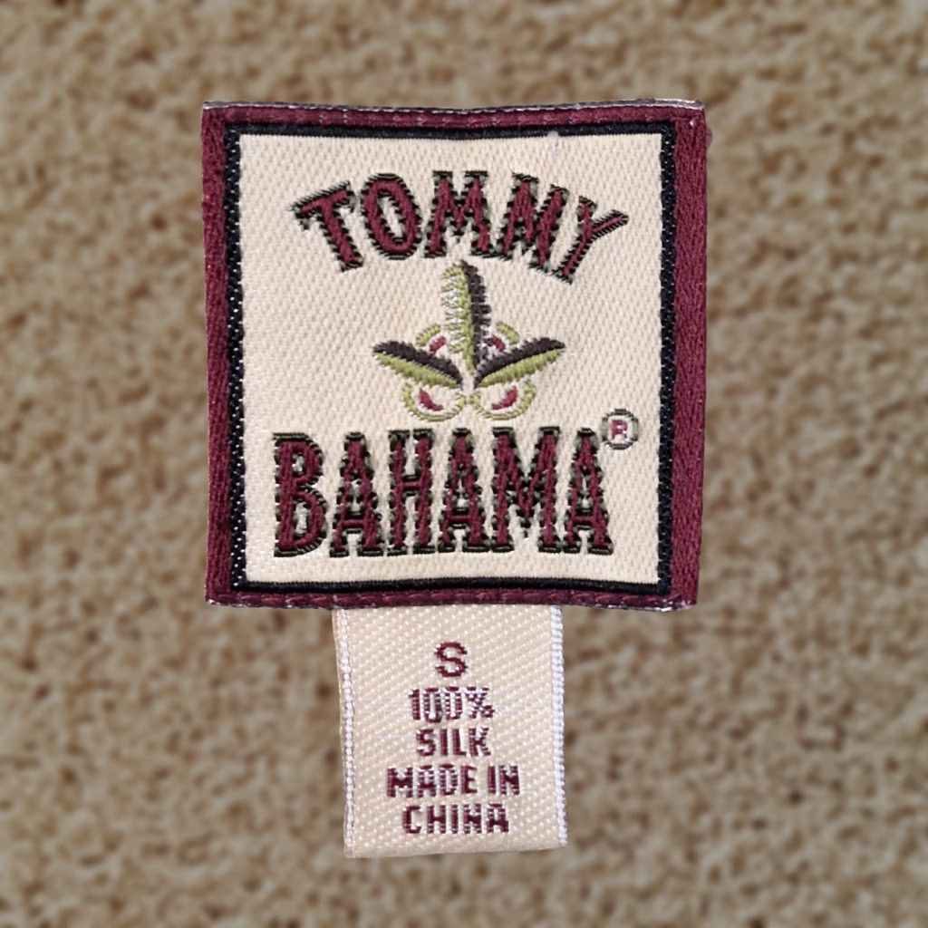 Vintage Tommy Bahama Shirt Mens Size Small Light Green Silk Hawaiian Floral Pineapple Print Striped Short Sleeve Button-Up in Silver, Men's