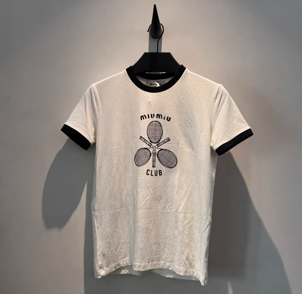 Miu Miu Lettering Tennis Racket Graphic Short Sleeve Top