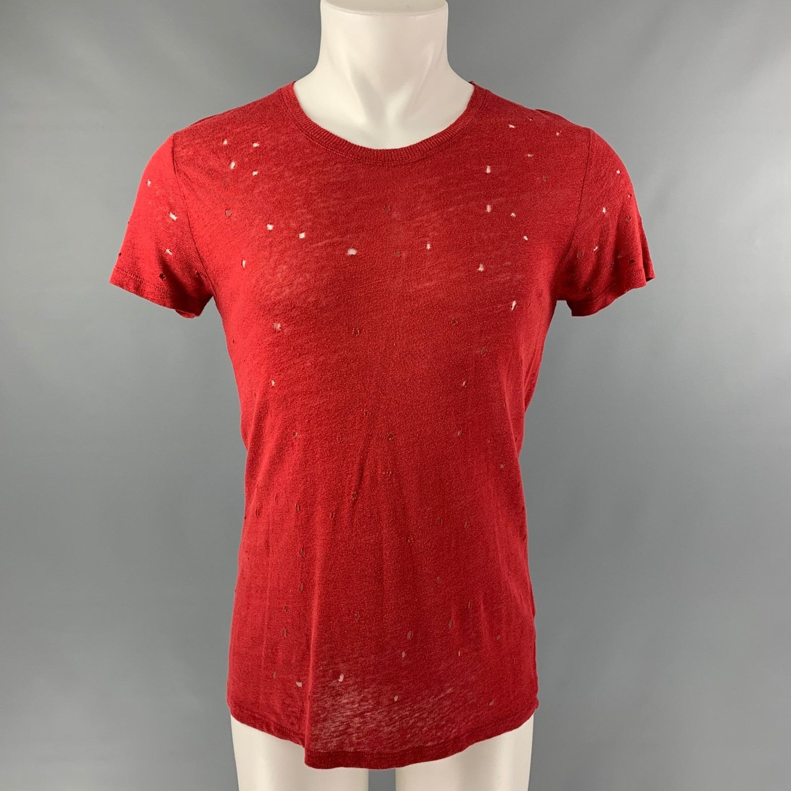 IRO Size XS Burgundy Distressed Linen Crew-Neck T-shirt