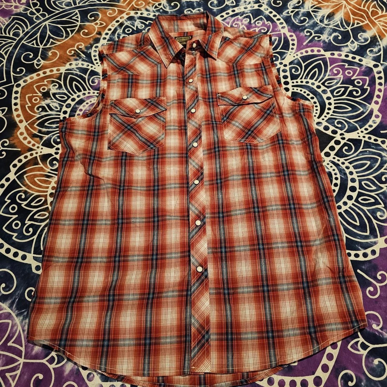 Designer Men's Red and Blue Plaid Sleeveless Button Down Shirt Size US M / EU 48-50 / 2 - 2 Thumbnail