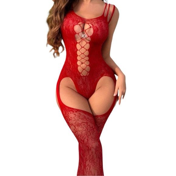 Other Red Classic Women Mesh High Stretch Tight Jumpsuit Size ONE SIZE - 4 Thumbnail