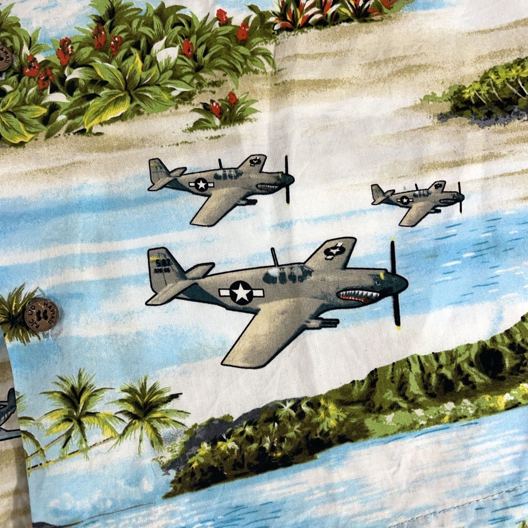 Vintage RJC Hawaiian Button Shirt World War II AOP Fighter Bomber Airplanes WW2 WWII Button-Up Short Sleeve Men's L Blue Cotton Shirt Size US L / EU 52-54 / 3 - 7 Thumbnail