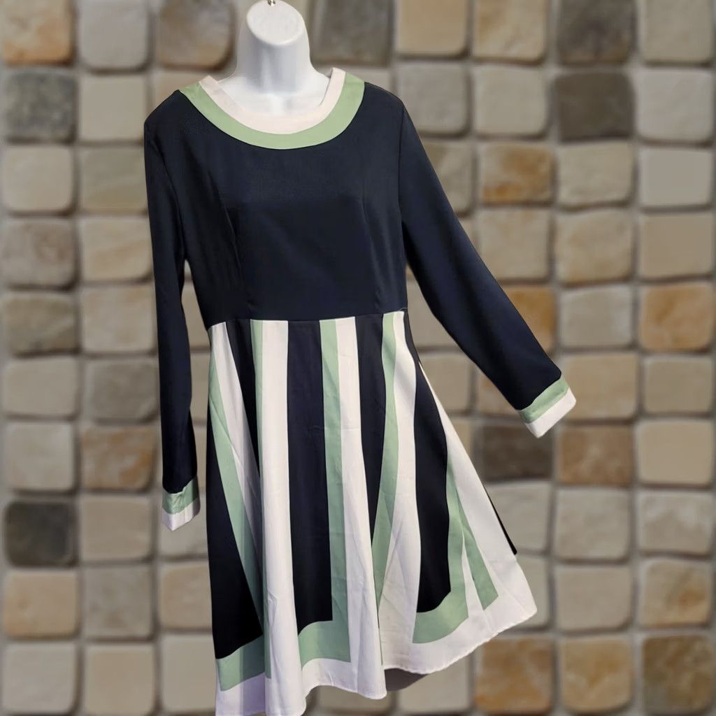 Etro Unbranded Dress Skater Retro Beatnik L Stripe Knee Length Sheath Long Sleeve Round Neck Silky Casual Party Business Travel Women Size L / US 10 / IT 46 - 1 Thumbnail