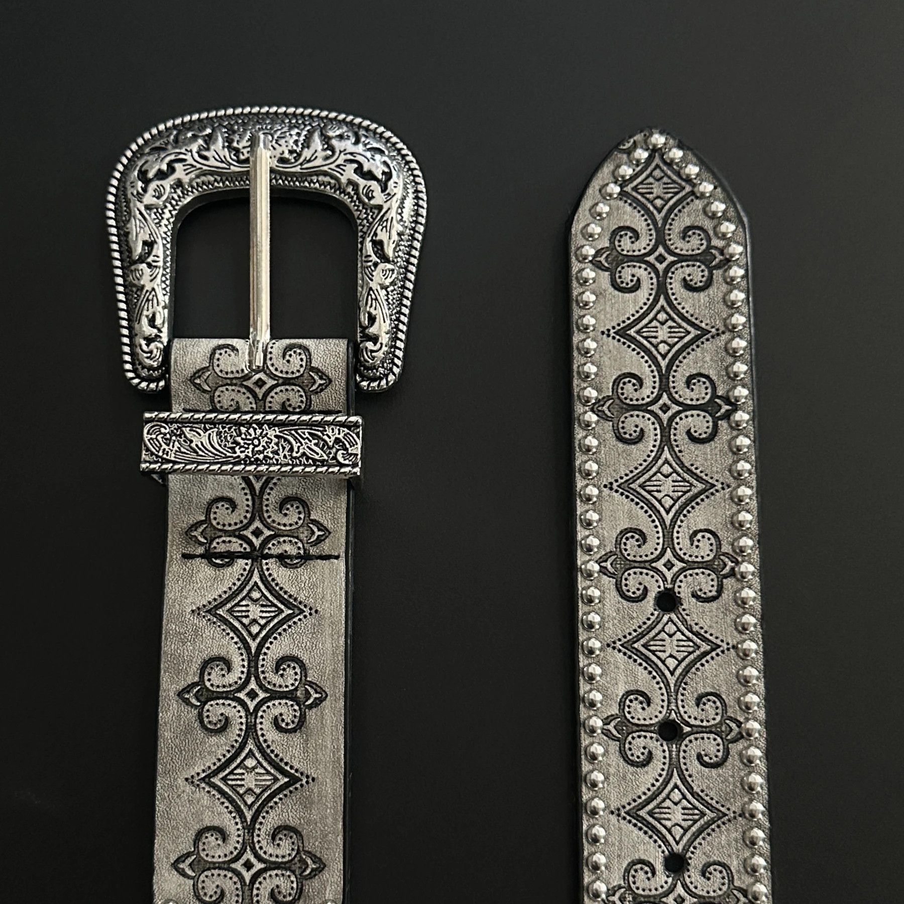 Jewelry Studded Leather Belt with Grey Floral Patterns Size ONE SIZE - 3 Thumbnail