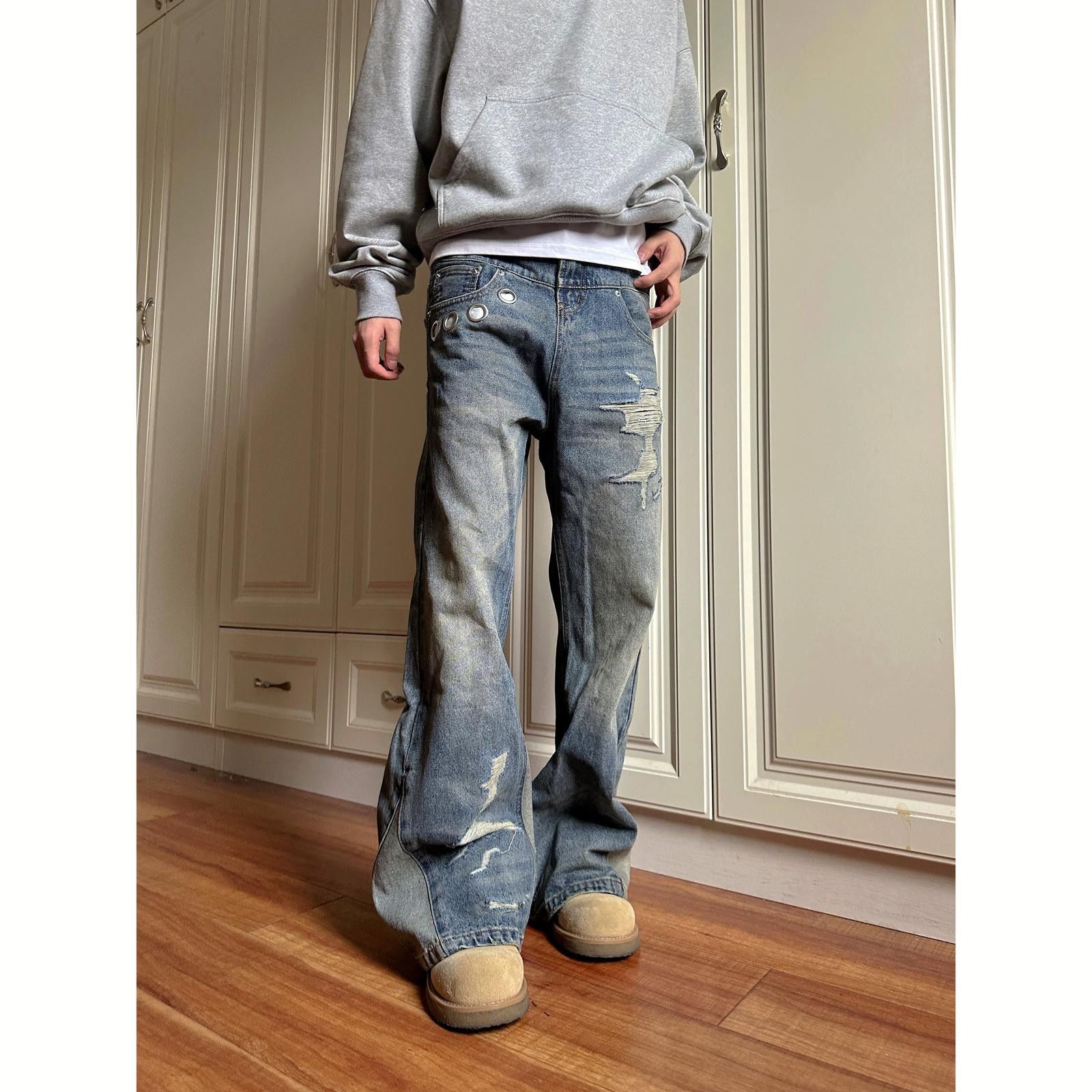Jean Distressed Wide Leg Flare Jeans With Button Accents Size US 34 / EU 50 - 3 Thumbnail