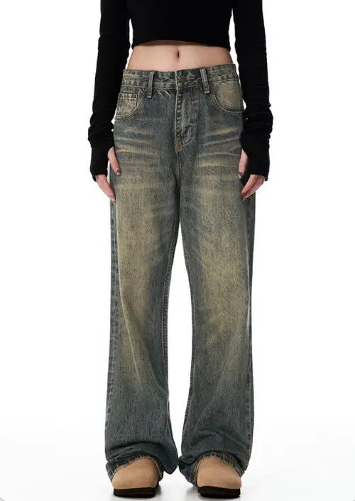 American retro distressed low-rise flared straight jeans