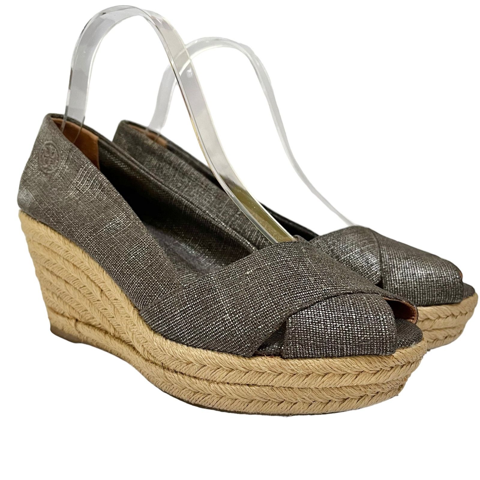 Tory Burch Tory Burch Filipa Pewter Linen Espadrille Wedges Heels Size US 9.5 / IT 39.5 - 1 Thumbnail
