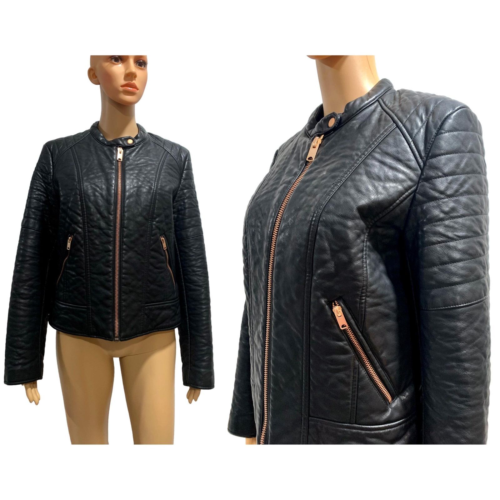 Andrew Marc Vegan Faux Leather Cafe Racer Motorcycle Biker Jacket Size L / US 10 / IT 46 - 4 Thumbnail