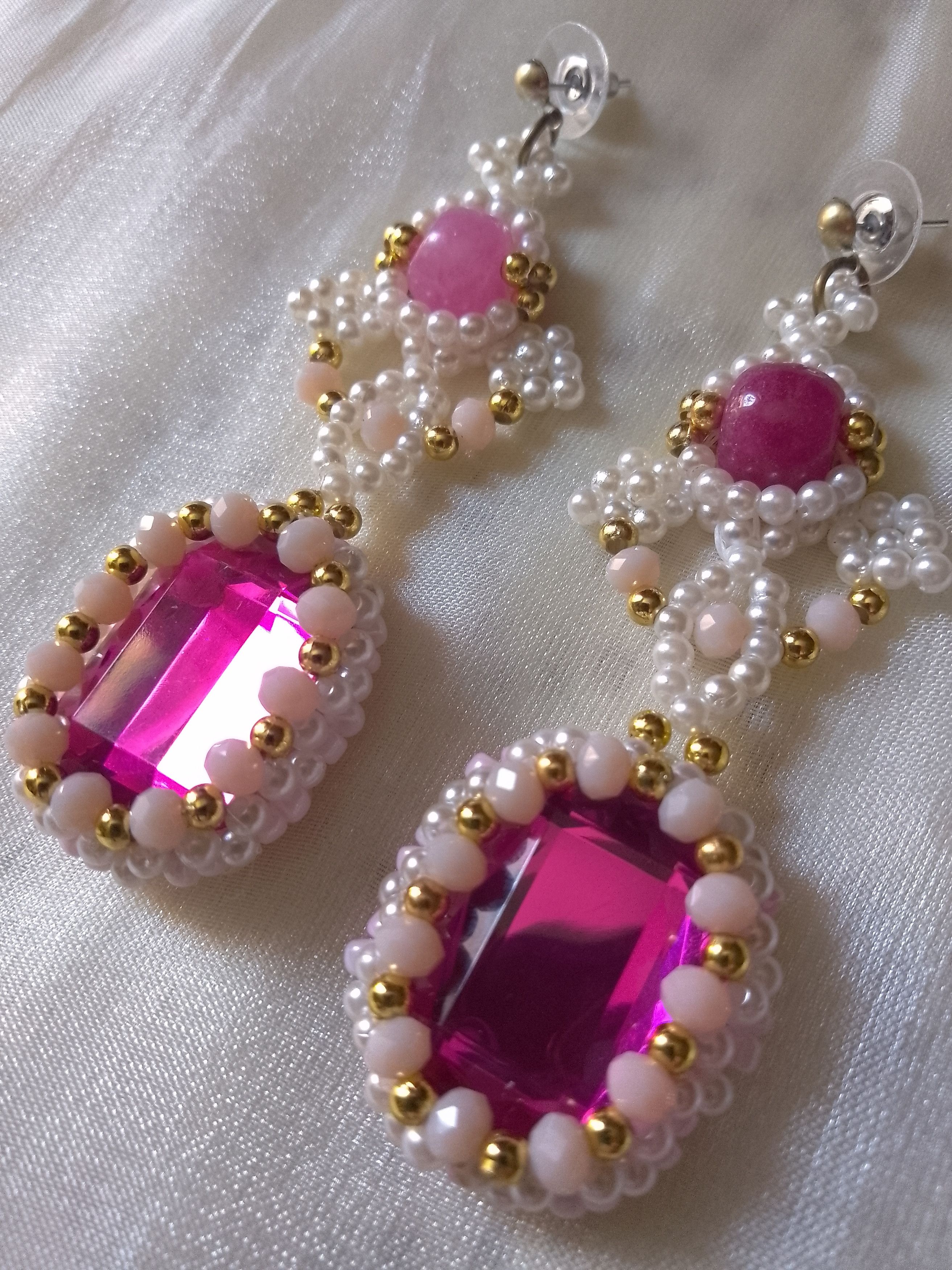 Handmade Vintage style earrings zirconia natural pink jade gemstones Size ONE SIZE - 3 Thumbnail
