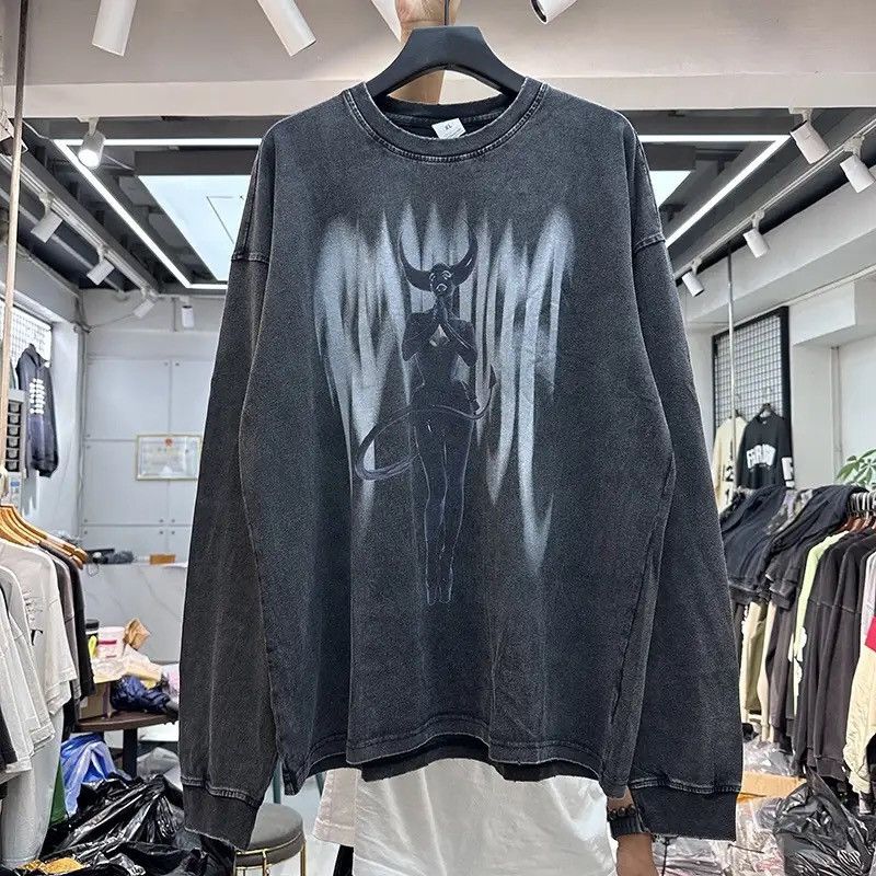 image of Vintage Devil Print Long Sleeve Shirt in Black, Men's (Size XL)